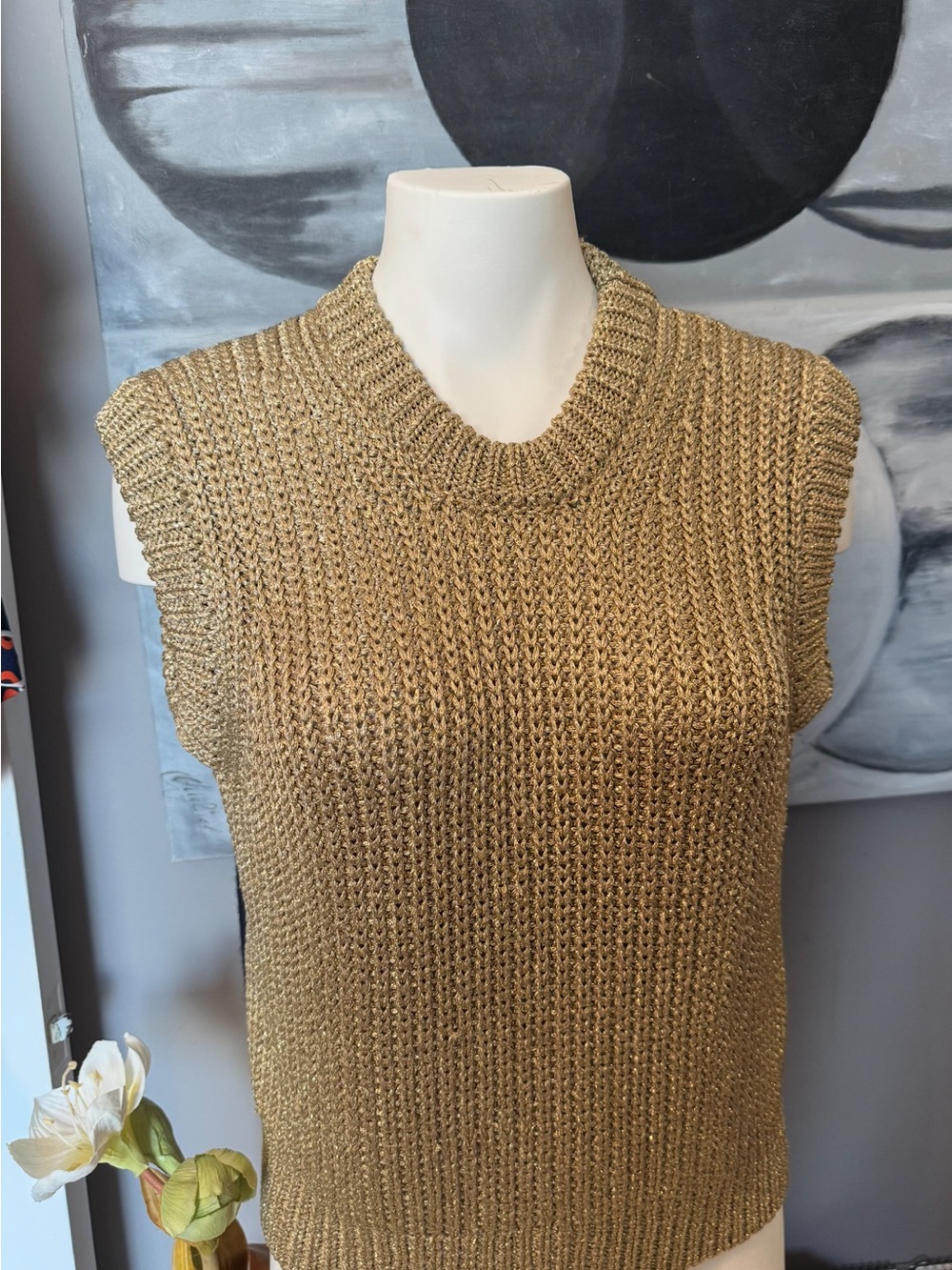 Tommy Hilfiger Collection Metallic Gold Sleeveless Crewneck Knit Sweater
